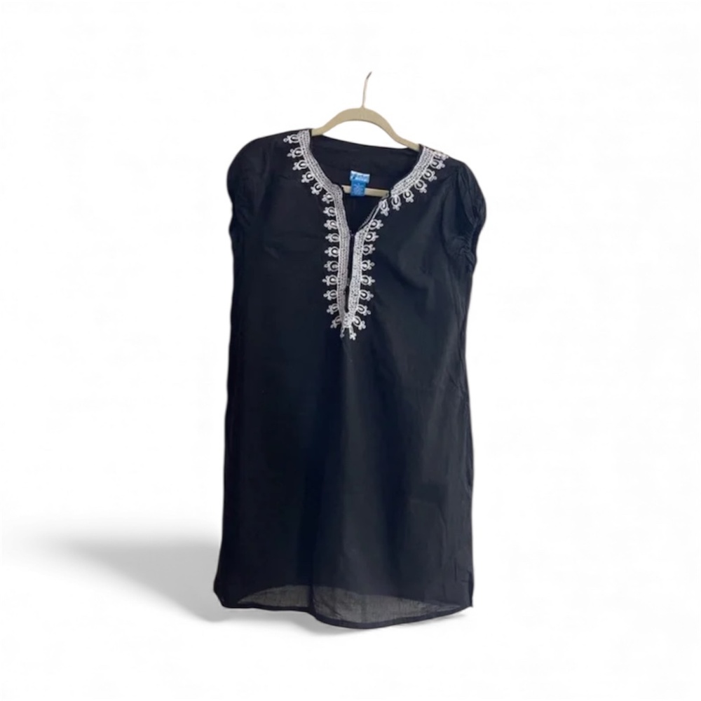 Women’s Black Swimsuit Coverup Tunic Kaftan Size M Cotton Embroidered